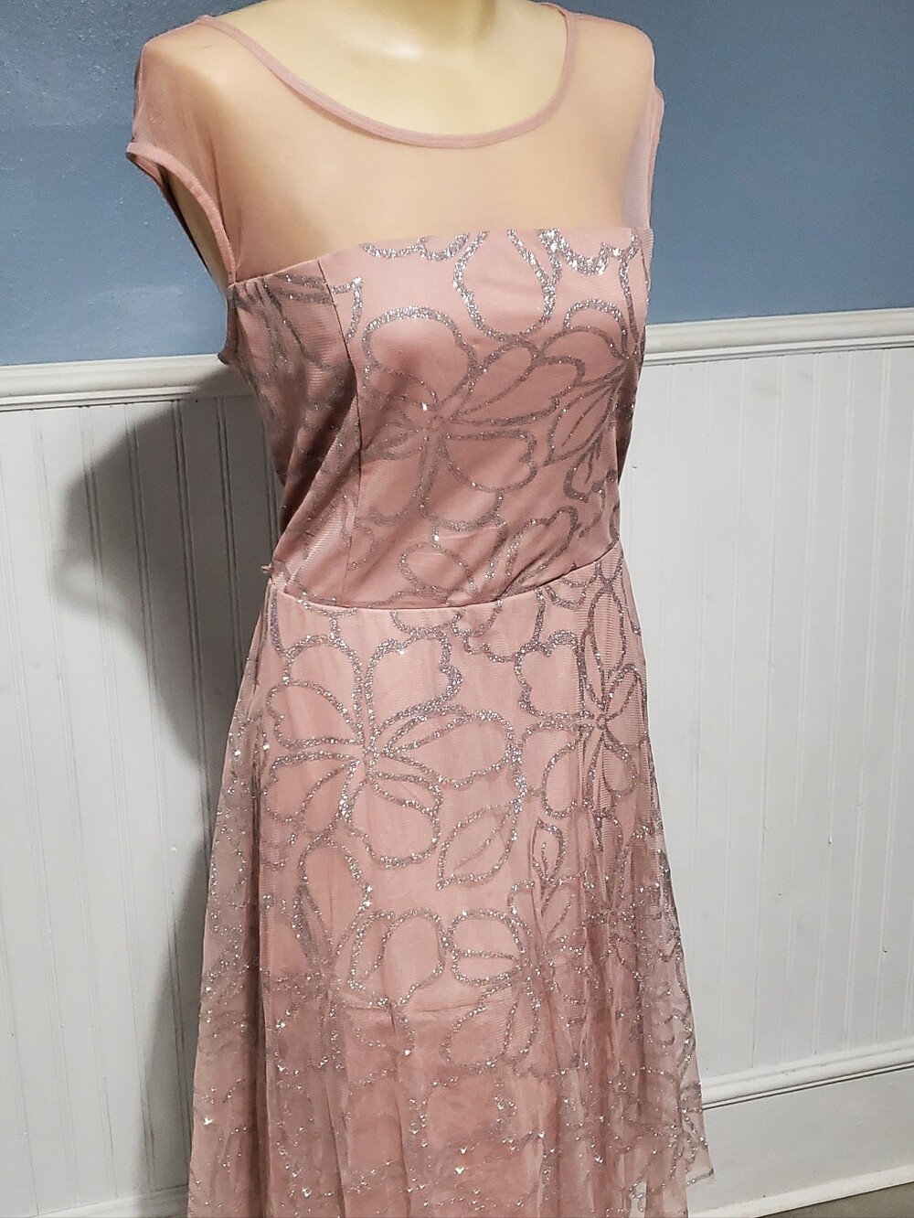 Sheer Top Dusty Pink Glitter-Accent Formal Dress Homecoming Dance Hoco Indie